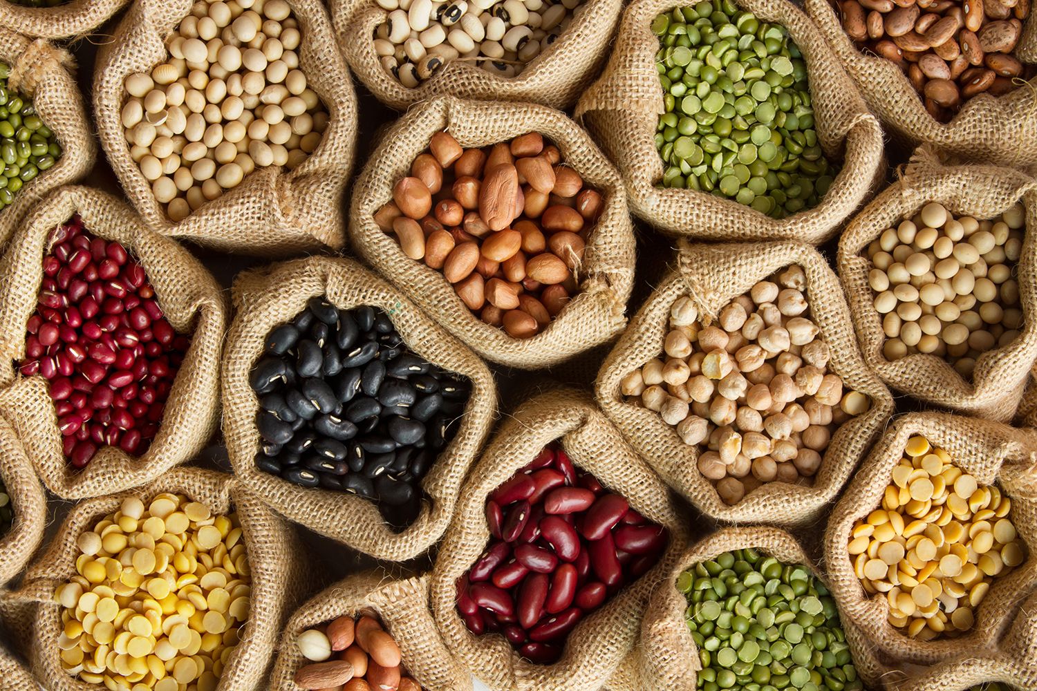 Sacks of different beans and pulses
